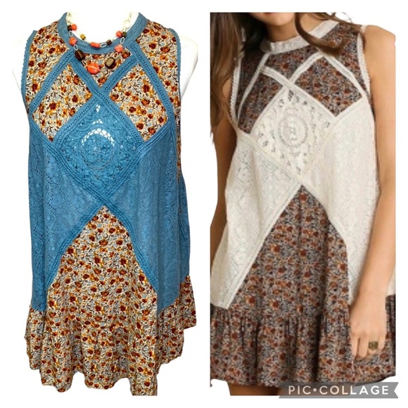 Umgee Prairie Boho Lace Floral Short Dress - Picture 1 of 7